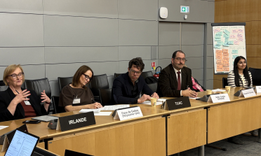Speakers at the OECD event sit behind a table