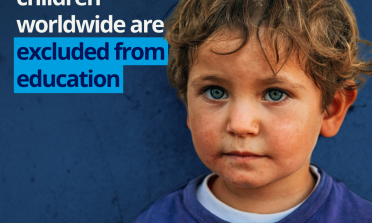 Image of a child's face, and text: 1 in 6 children worldwide are excluded from education (Source: UNESCO VIEW database). Logos: UNESCO, GEM Report